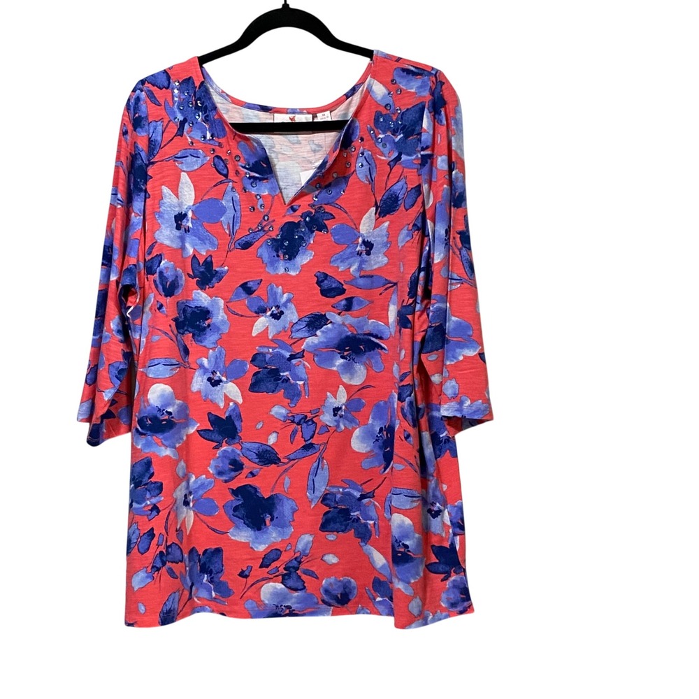 Quacker Factory Coral Blue Floral Rhinestone Split Neck 3/4 Sleeve Top 1X